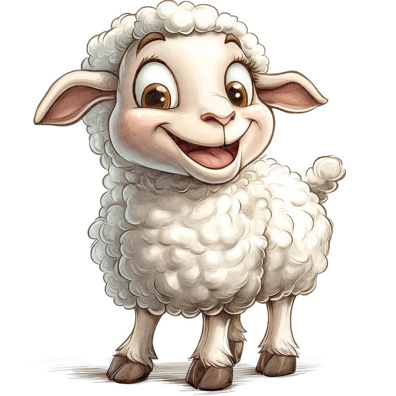 May include: A cartoon illustration of a white sheep with a fluffy coat. The sheep has a big smile and is looking to the right. The sheep is standing on a white background.