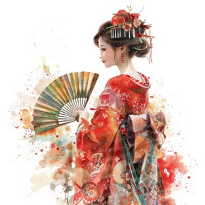 12 x Clipart femmes japonaises, Geisha avec éventail, Clipart aquarelle imprimable, art mural, créations en papier, téléchargement numérique, journaux indésirables