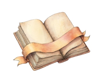 Peut inclure: Illustration à l'aquarelle d'un livre ouvert avec des pages vieillies. Un ruban de couleur pêche est drapé sur les pages, les extrémités du ruban sortant du livre. Le livre a un aspect usé et vintage.