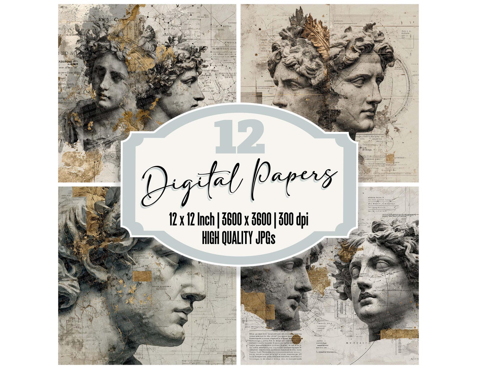 Paper Mythic 12 Mythic Marble Digital Paper Pack Junk Journal Paper Classical Statue ...