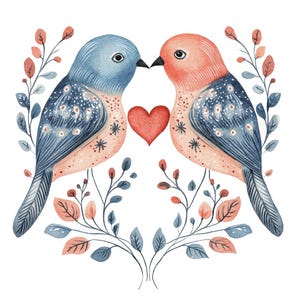 12 Lovebirds Clipart, Folk Lovebirds with Heart Tails, Digital Download, PNG/JPG, No Background, Printable Artwork
