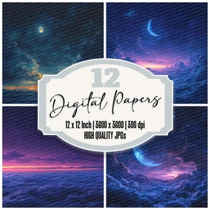 12x Celestial Sky Junk Journal Paper Twilight Digital Paper Pack Moon and Cloud Achtergronden Hoge kwaliteit JPGs Scrapbookpapier
