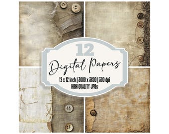 12x Vintage Fabric Junk Journal Paper, Distressed Linen Digital Paper Pack, Burlap Texture, Grunge Scrapbook Paper, Digital Download