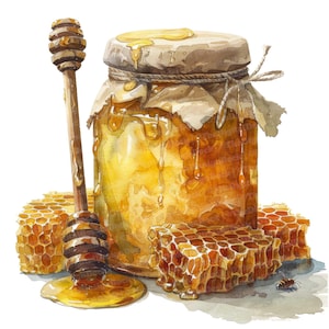 May include: A glass jar of honey with a brown paper lid and a wooden honey dipper. The jar is surrounded by honeycomb pieces.