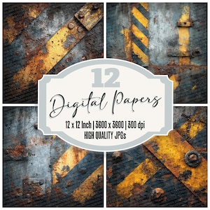 12x Carta da giornale industriale riciclata Carta digitale Confezione da 12 fogli Texture in acciaio di fabbrica Strisce di pericolo JPG di alta qualità Scarica album