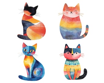 Watercolour Cat Clipart, 12x Rainbow Cat PNG Set, Watercolor Whimsical Cat Illustration,Printable Clip Art,High Quality PNG,Digital Download