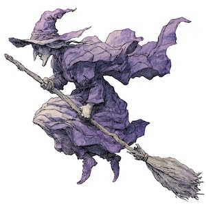 Può includere: Illustrazione dettagliata di una strega con un abito e un cappello viola, che cavalca una scopa. La strega ha un lungo naso e tiene la scopa con entrambe le mani. L'immagine è su sfondo bianco.