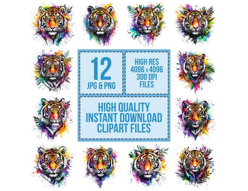 May include: A collection of 12 watercolor tiger head clipart files in JPG and PNG formats. Each tiger features vibrant orange, yellow, and black fur with colorful paint splatter effects. The image includes text that reads "HIGH QUALITY INSTANT DOWNLOAD CLIPART FILES."