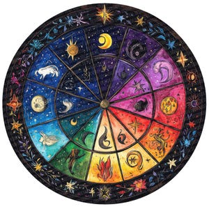 Zodiac Astrology Wheel Clipart, 12x Colorful Astrology Circle Clip Art Set, Printable Watercolor Clip Art, Digital Download, Transparent PNG