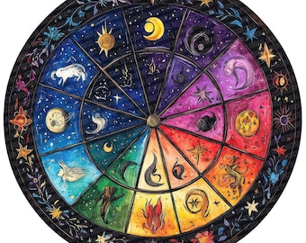 Zodiac Astrology Wheel Clipart, 12x Colorful Astrology Circle Clip Art Set, Printable Watercolor Clip Art, Digital Download, Transparent PNG