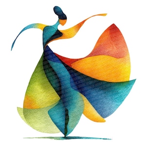 May include: Watercolor illustration of a dancing figure in motion. The figure is depicted with flowing lines and vibrant colors, including blue, yellow, orange, and green. The artwork has a modern, abstract style.