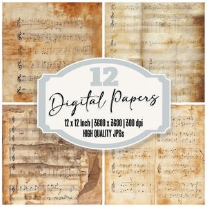 12x Antique Music Sheet Junk Journal Paper, Vintage Digital Paper Pack, Aged Sheet Music Backgrounds, High Quality JPGs, Digital Download