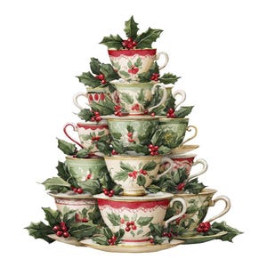 May include: A stack of decorative teacups and saucers arranged in a Christmas tree shape. The cups feature a cream-colored base with red trim and green holly and berry designs. Green holly leaves and red berries are interspersed throughout the arrangement.