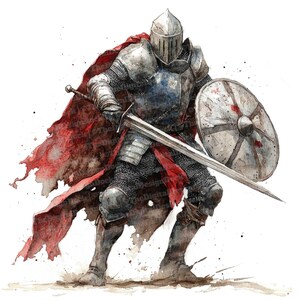 May include: A watercolor painting of a knight in full armor, holding a sword and shield. The knight is wearing a red cape and is standing in a fighting pose. The background is white.