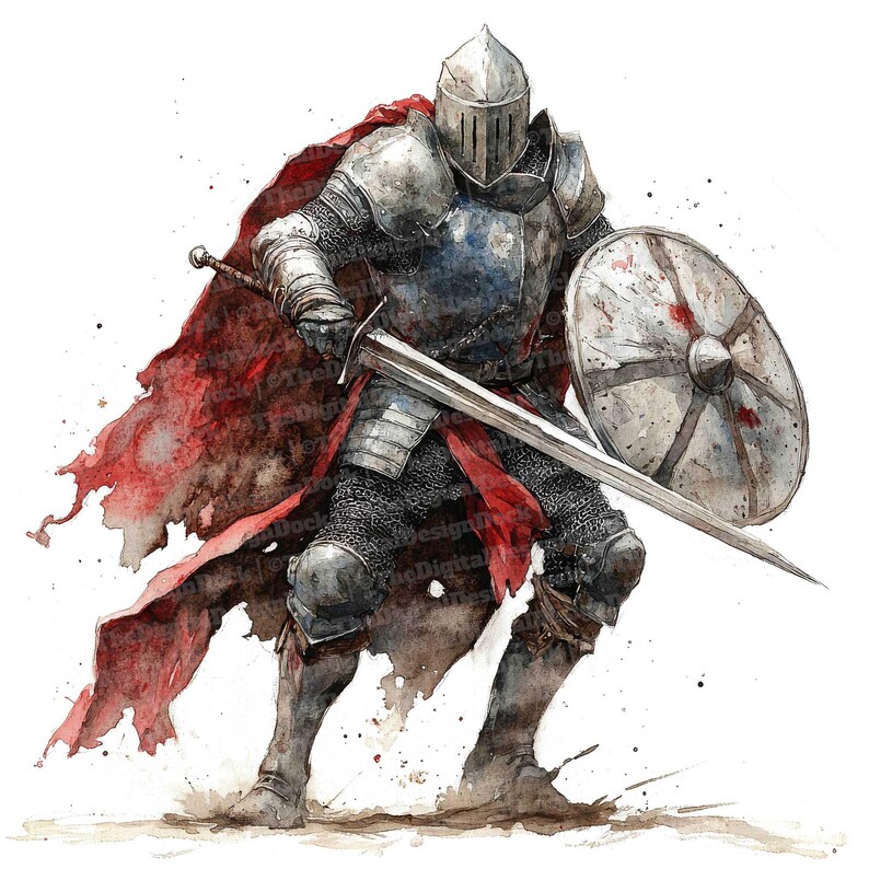 May include: A watercolor painting of a knight in full armor, holding a sword and shield. The knight is wearing a red cape and is standing in a fighting pose. The background is white.