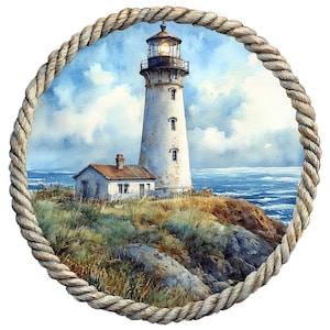12 Clipart PNG di fari nautici, set di clipart di acquerelli costieri con cornice di corda, clipart stampabili, PNG/JPG di alta qualità, download digitale