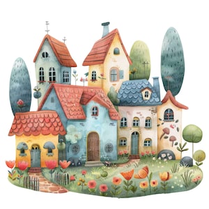 12 Fairy Tale Town Clipart, Watercolor Whimsical Houses Clipart, Printable Watercolor Clipart, Paper Crafts, Wall Art, Digital Download