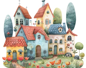 12 Fairy Tale Town Clipart, Watercolor Whimsical Houses Clipart, Printable Watercolor Clipart, Paper Crafts, Wall Art, Digital Download