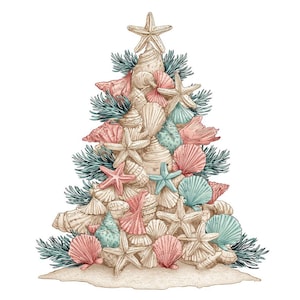 May include: A watercolor illustration of a Christmas tree made of seashells and starfish. The tree features various shells in shades of beige, pink, and teal, with starfish accents. Green sprigs are interspersed throughout, and the tree sits on a sandy base.