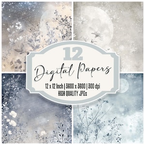 12x Moonlit Floral Junk Journal Paper, Mystical Digital Paper Pack, Celestial Backgrounds, Printable Paper, High Quality JPGs