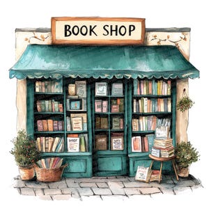 12x Watercolor Bookstore PNG Clipart, Bookshop Book Shop Front Clip Art, Digital Download, High Quality PNG, Paper Crafts, Junk Journals