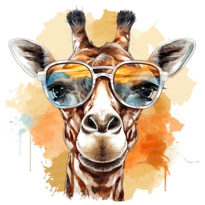 Cool Giraffe Clipart, 12 JPGs, Giraffes with Sunglass on, Printable Watercolor Clipart, Wall Art, Digital Download, Junk Journals, Graphics