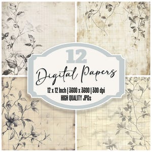 12x Faint Botanical Grid Junk Journal Paper, Vintage Digital Paper Pack, Aged Sketch Backgrounds, High Quality JPGs, Digital Download
