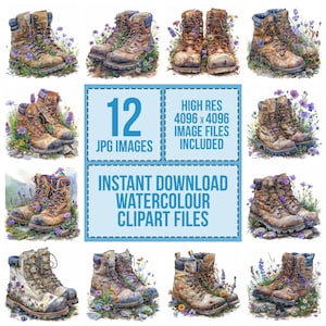 12 Hiking Boots Clipart, Floral Hiking Boots Clipart, Printable Watercolor Clipart, Paper Crafts, Wall Art, Digital Download, Junk Journals