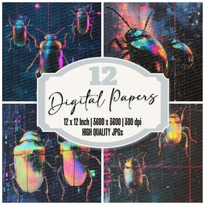 12 x Cyberpunk Beetle Junk Journal Paper Pack de papier numérique futuriste JPGs de haute qualité Glitch Insecte Fond imprimable Scrapbooking