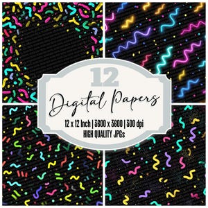 May include: A collection of digital papers with a black background and colourful neon patterns. The designs include squiggles and zigzags. The image includes the text "12 Digital Papers" and details about the paper size and resolution.