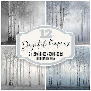 12x Winter Birch Junk Journal Paper Forest Horizon Digital Paper Pack Grijstinten Achtergronden Hoge kwaliteit JPG's downloaden