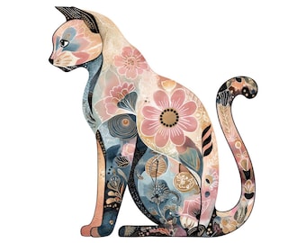 Floral Cat PNG Clipart, 12x Decorative Cats Clip Art Set, Printable Watercolor Clip Art,Digital Download, Transparent PNG, Scrapbook Animals