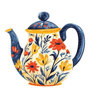 Könnte beinhalten: Eine blaue und gelbe Teekanne mit einem Blumenmuster. Die Teekanne hat einen runden Körper und einen Ausguss an der Seite. Das Blumenmuster zeigt gelbe, rote und blaue Blumen.