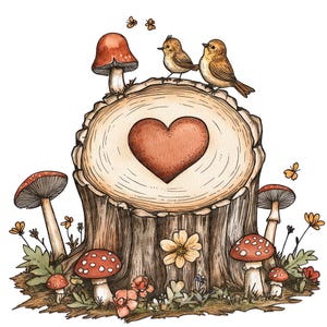 12 Folk Stump Clipart, Tree Stump with Mushrooms and Flowers Clip Art, Digital Download, Transparent PNG, Printable Clip Art, Paper Crafts
