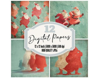 12x Christmas Retro Santa Junk Journal Paper Digital Paper Pack Scrapbook Paper Printable Paper Decorative Holiday Backgrounds High JPGs