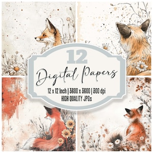 12x Fox Daisy Drift Junk Journal Paper Fox Design con Daisy Floral Backgrounds JPG di alta qualità Carta stampabile Download digitale