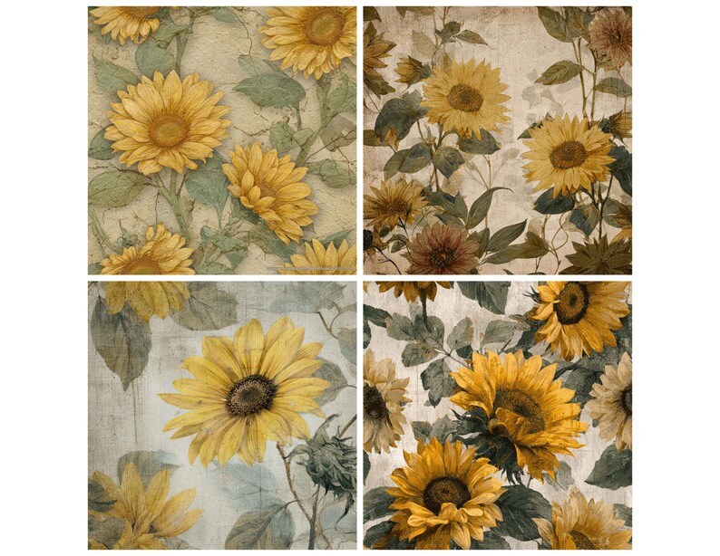 12x Vintage Sunflower Digital Paper Pack Rustic Floral Junk Journal ...