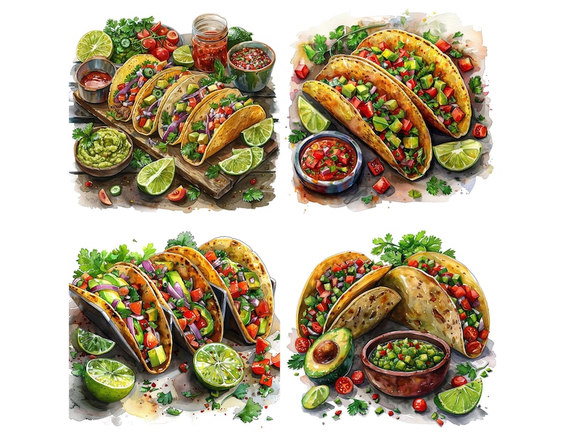 Taco PNG Clipart, 12x Mexican Food Clip Art Set, Printable Watercolor Taco Clipart, Transparent PNG, Digital Download, Fiesta Party Decor image 4