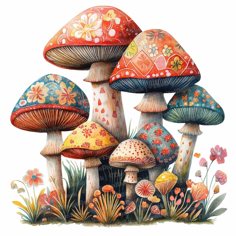 May include: A watercolor painting of six colorful mushrooms with intricate patterns. The mushrooms are arranged in a cluster, with some overlapping. The background is a white, blank canvas.