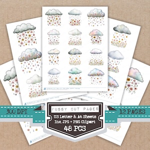 May include: Sheets of paper featuring watercolor illustrations of clouds raining flowers. The images include the text "Fussy Cut Pages", "US Letter & A4 Sheets", "Inc. JPG + PNG Clipart", and "48 PCS". The sheets are labeled "300 DPI" and "12 Pages".