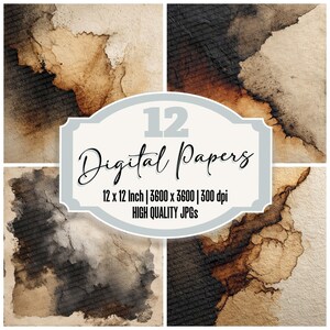 Könnte beinhalten: Eine Collage aus vier digitalen Papierdesigns mit Vintage-Ästhetik. Die Papiere weisen abstrakte Aquarelltexturen in Braun-, Beige- und Schwarztönen auf. Das Bild enthält den Text "12 Digital Papers" sowie Details zu Papiergröße und Auflösung.