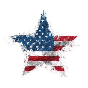 Op de afbeelding: Verweerd sterontwerp met de Amerikaanse vlag. De ster bestaat uit blauw met witte sterren en rode en witte strepen. Het ontwerp heeft een textuur, versleten uiterlijk, met een witte achtergrond.