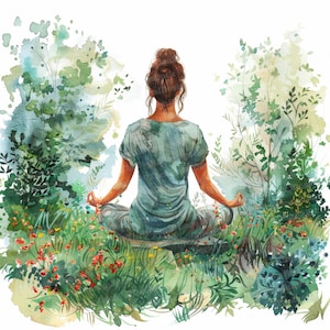 12 imágenes prediseñadas de yoga en acuarela, imágenes prediseñadas de yoga en el jardín, imágenes prediseñadas de acuarela imprimibles, arte mural, manualidades de papel, descarga digital, revistas basura