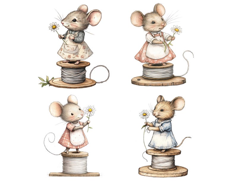 Mouse Clipart, 12x Thread Spool Mice Clip Art Set, Printable Watercolor ...