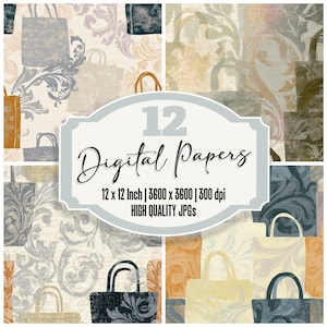 Può includere: Un set di 12 carte digitali con motivi ripetuti di borse della spesa e motivi floreali nei toni del beige, grigio e blu. Il testo sull'immagine indica le dimensioni di 12 x 12 pollici (30,48 x 30,48 cm) e una risoluzione di 3600 x 3600 pixel.