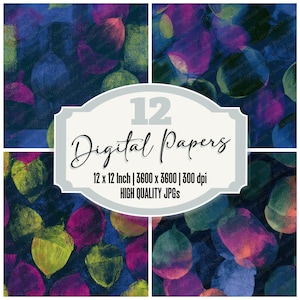 May include: A digital art collection featuring 12 abstract papers. The papers showcase a pattern of colorful, organic shapes in shades of blue, purple, green, and yellow. The text on the image reads "12 Digital Papers" and includes size and resolution details.