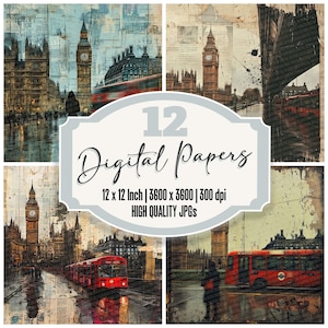 Paquete de 12 papeles digitales para diario basura con niebla londinense, texturas del mapa del Big Ben, fondos de autobús rojo, archivos JPG de alta calidad.