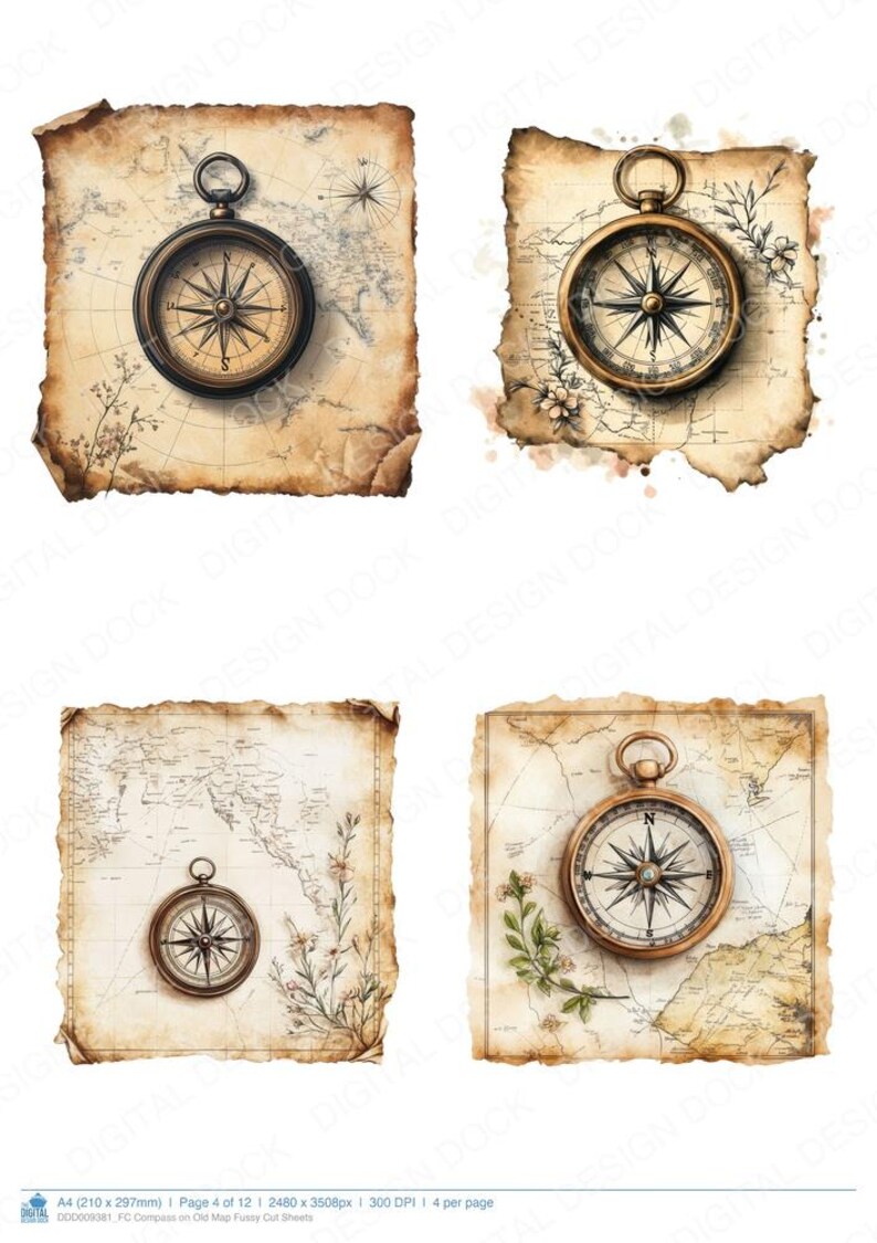 Compass on Old Map Fussy Cut Sheets, 12x Printable Vintage Pages, Junk ...