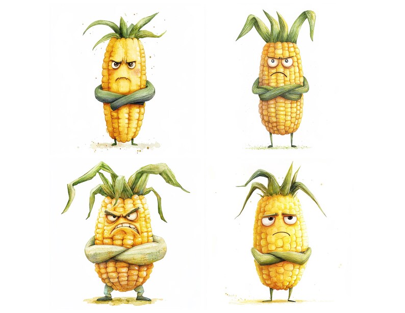Grumpy Corn PNG Clipart, 12x Angry Vegetable Character PNG Clipart Set ...