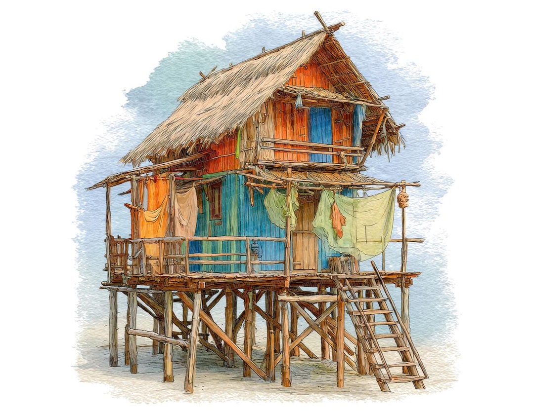 Printable Shack Fisherman Shack Clipart, 12x Watercolor Hut PNG Clip Art, Tropical ...